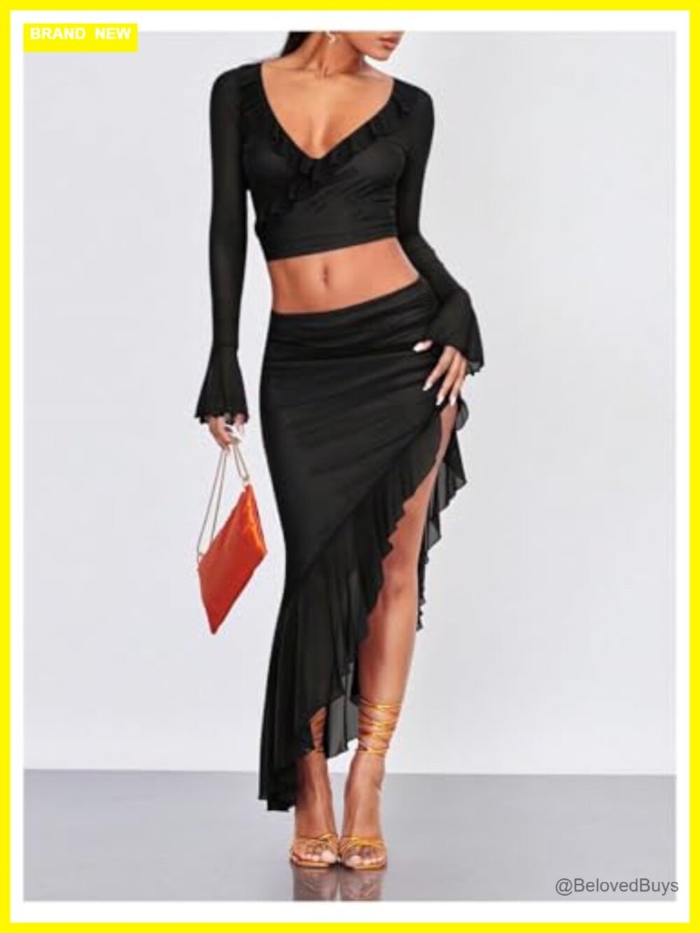 Asymmetrical High Slit Mesh Long Bodycon Maxi Skirt Ruffle Hem Ruched Flowy - Picture 6 of 6